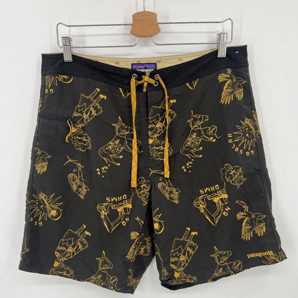 Patagonia Men 34 Stretch Planing Board Shorts Black Yellow No Dams Print